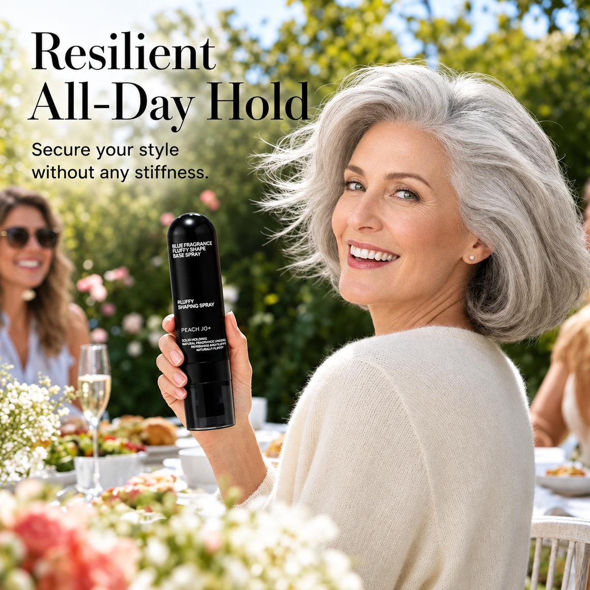 Smiling silver-haired woman holding a black volumizing spray at a garden brunch