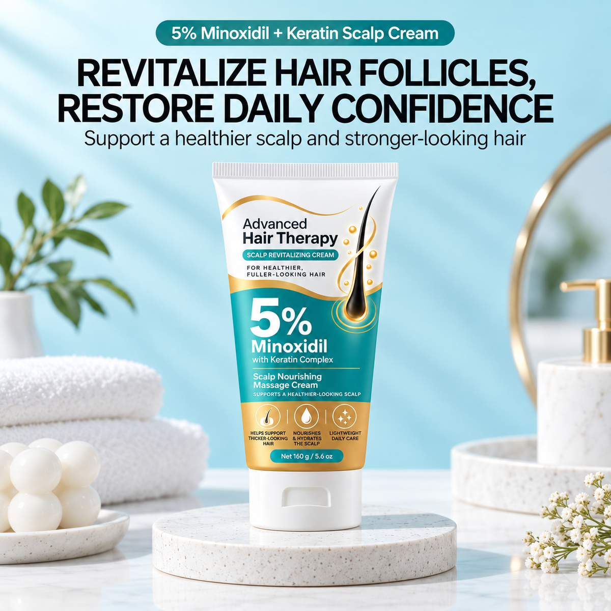 Advanced Hair Therapy scalp cream displayed in a clean bathroom setting