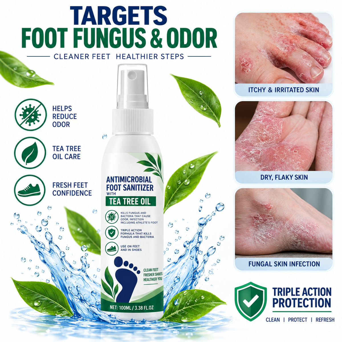 Foot sanitizer visual for itchy irritated dry flaky and odor-prone feet
