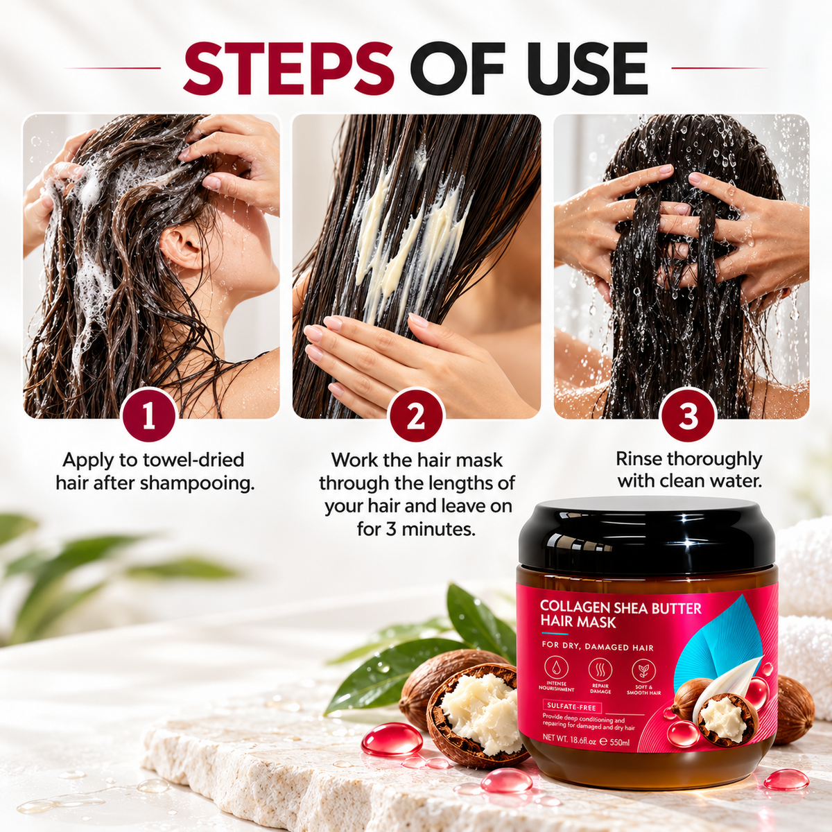 Three-step guide for using Collagen Shea Butter Hair Mask