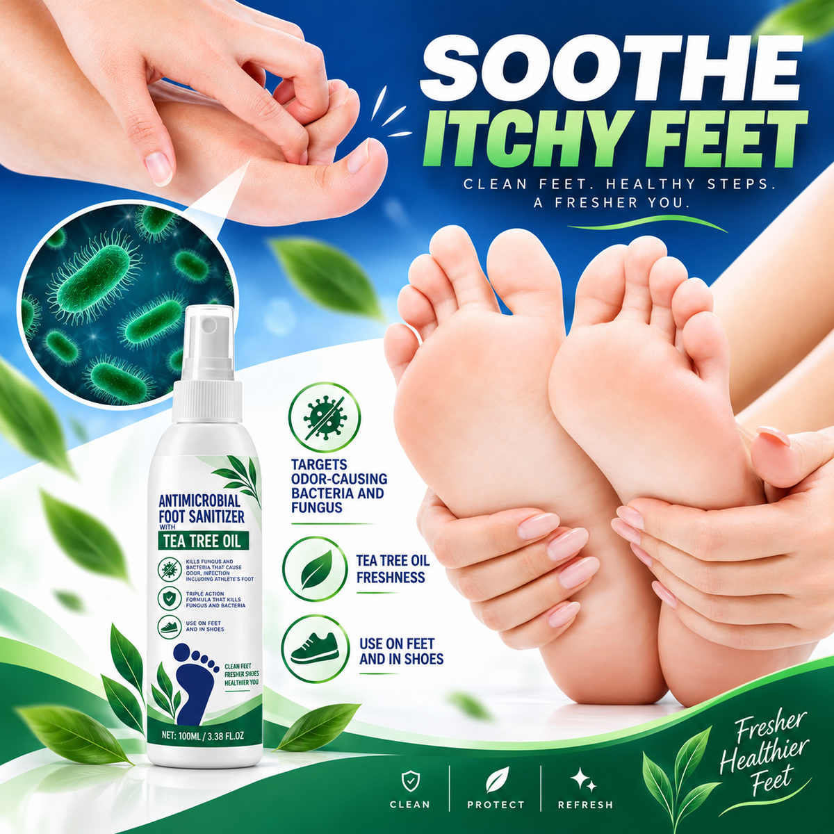 Soothe itchy feet product visual with clean feet and tea tree oil foot spray