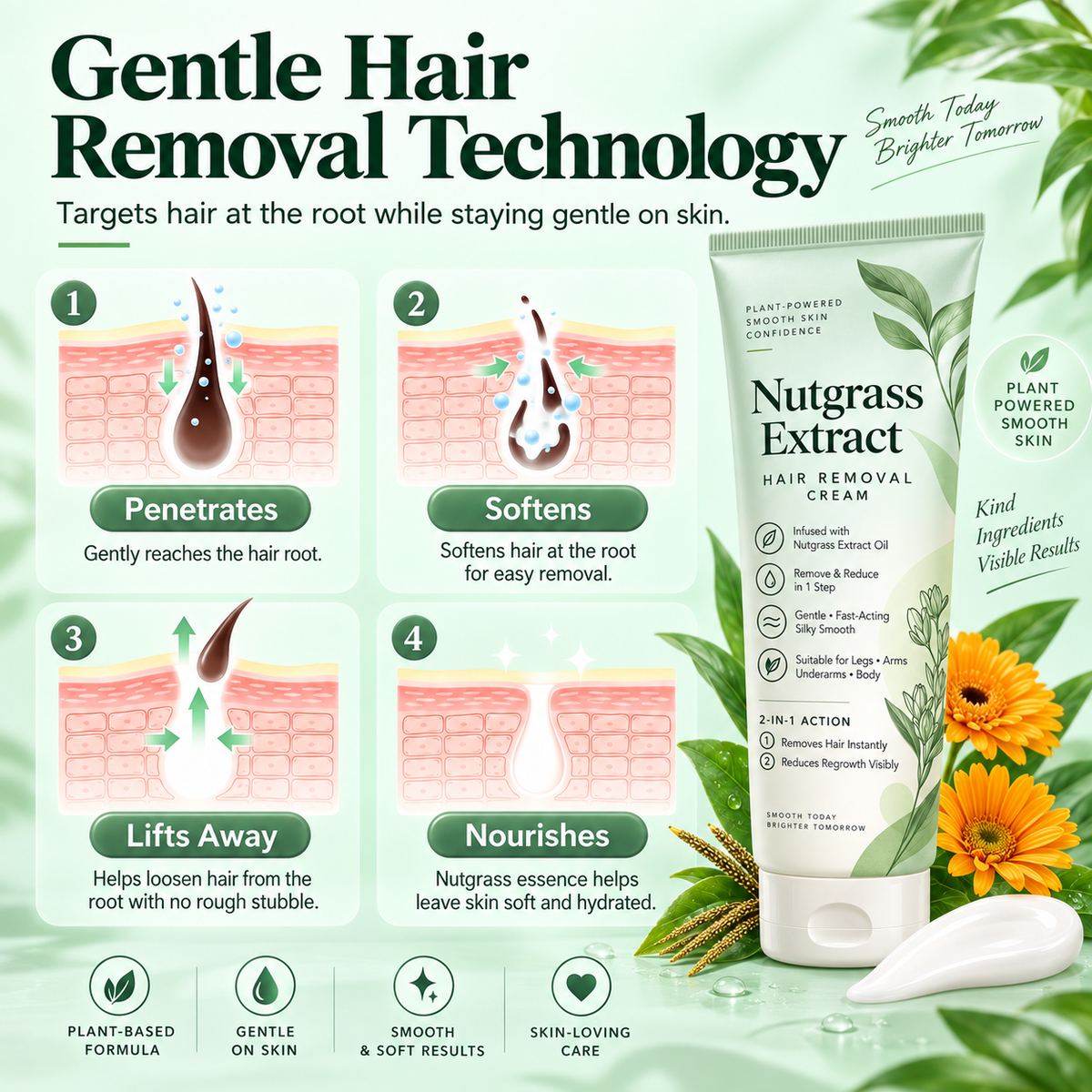 Four-step illustration of how hair removal cream acts on visible body hair