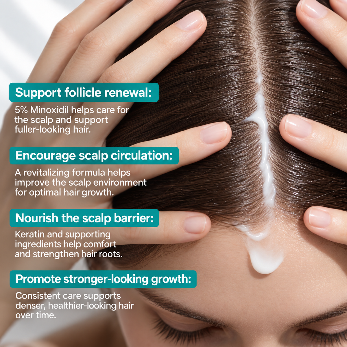 Cream applied along a scalp parting and gently massaged in
