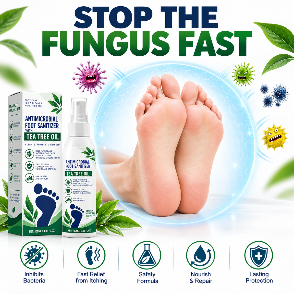 Foot sanitizer protection visual with fresh feet and benefit icons