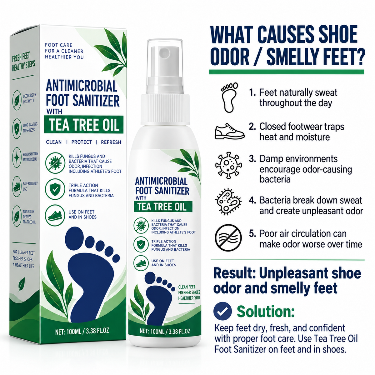 Educational visual explaining common causes of shoe odor and smelly feet
