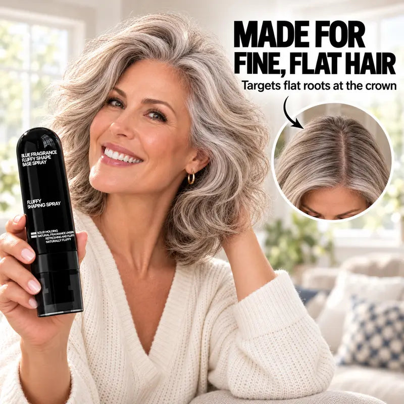 Silver-haired woman holding volumizing spray with a close-up of flat roots at the crown