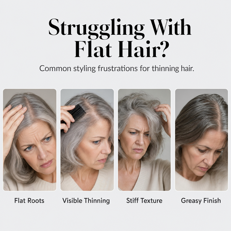 Mature woman lifting her hair with volumizing spray and a list of natural fullness, hold, peach scent and lightweight feel