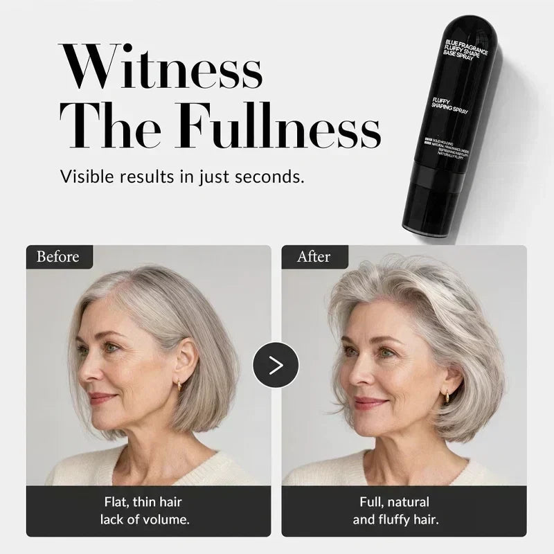 Side-by-side before and after images showing a flatter silver bob and a fuller, softly lifted hairstyle