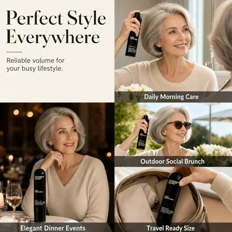Four-photo collage showing styling spray at home, brunch, an evening dinner and in a travel bag